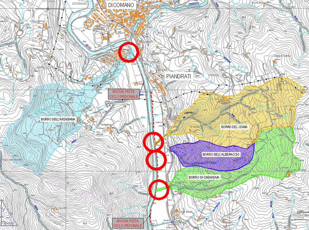 Figura 4 Bacini idrografici borri con evidenziate le zone di intersezione con il tracciato della pista ciclo-pedonale 3.2.