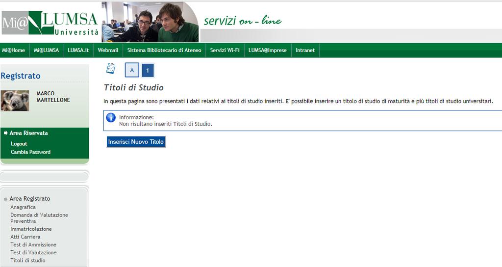 Premere il tasto INSERISCI NUOVO TITOLO per inserire il titolo di studio universitario conseguito (Ateneo, Corso di Laurea, Anno Conseguimento, ecc.).