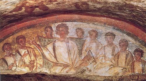IV SECOLO Dalla metà del IV sec. Cristo viene frequentemente raffigurato in mezzo agli Apostoli, in occasione della cena eucaristica.