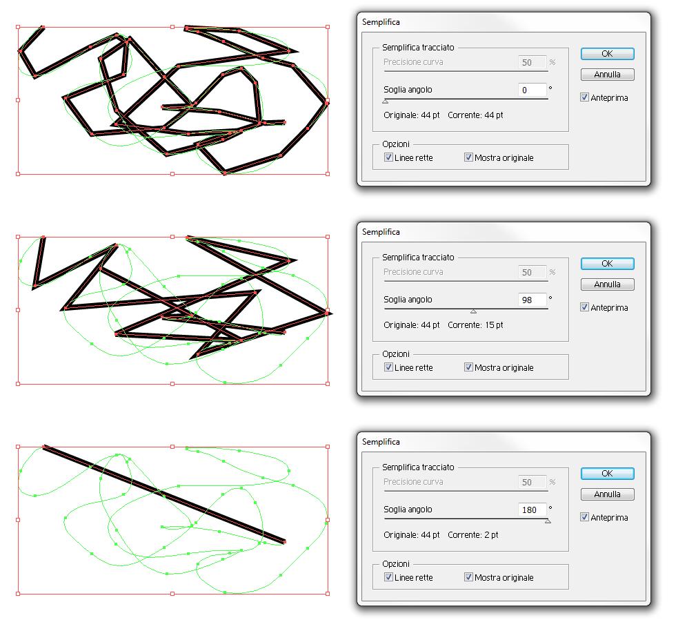 Lavorare con i tracciati: semplificazione Precisione Mostra originale Soglia angolo (controlla rotondità) Linee rette Crea linee rette tra i punti di ancoraggio degli