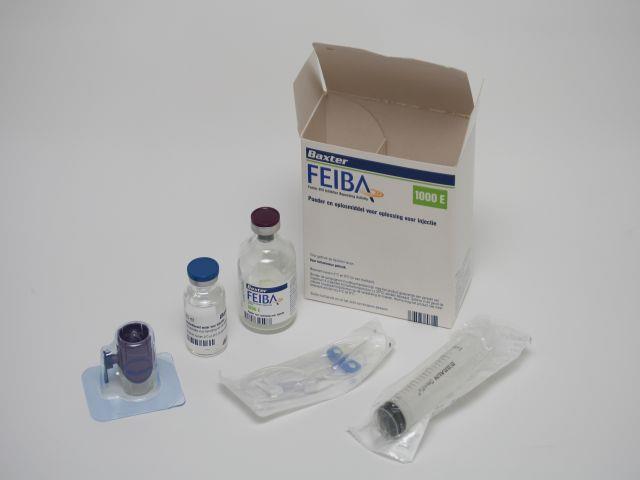 FEIBA : Factor Eight Inhibitor Bypass Activity FEIBA contains mainly non-activated factors II, IX, and X and mainly activated factor VII and 1 to 6 U/ml FVIII 1000 U/20 ml, dose standard (50 U/kg) ~