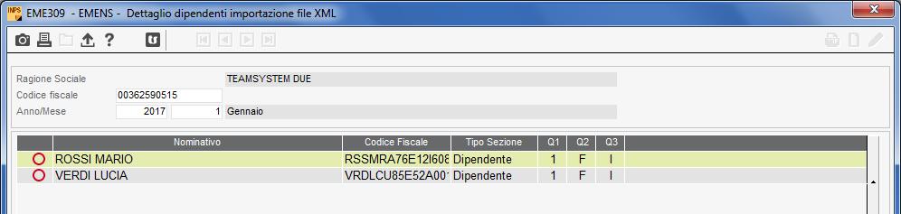 tutte le denunce con azienda inesistente; con riferimento alla specifica azienda, mediante il pulsante in oggetto è possibile visualizzare il dettaglio dei dipendenti presenti nel file da importare: