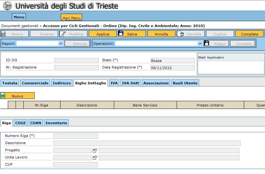 CARTELLA RIGHE DETTAGLIO Cartelle da compilare per inserire le informazioni commerciali, le coordinate contabili e i dati dell Inventario Inserimento riga Cliccare sul tasto NUOVO Sottocartella Riga