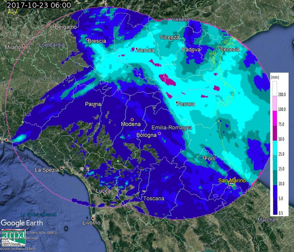 Figura 9: Mappa di precipitazione cumulata da radar dalle 06:00 UTC del 22/10/2017 alle 06 UTC del 23/10/2017 Analisi della grandine, del vento ed effetti al suolo L'evento è stato caratterizzato da