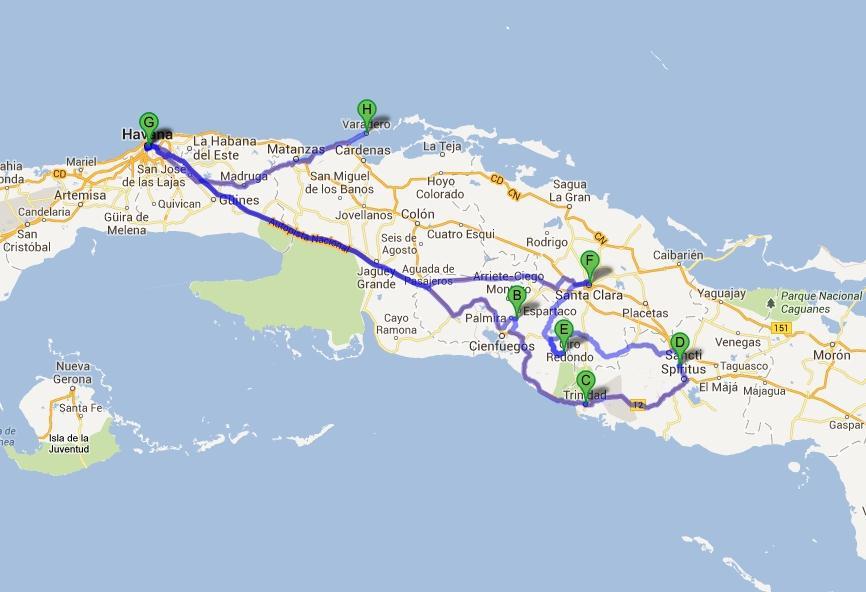 LA MAPPA DEL TOUR Varadero L Havana Santa Clara Cienfuegos Lago Hanabanilla Sancti Spiritus Trinidad Clicca qui sotto per visualizzare la mappa on-line: http://maps.google.it/maps?