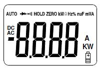 Descrizione del Misuratore 1. Pinza corrente 2. Grilletto pinza 3. Bottone Data Hold e Retroilluminazione 4. Bottone selezione modo 5. Bottone Hz/% 6. Display LCD 7. Jack ingresso COM 8.