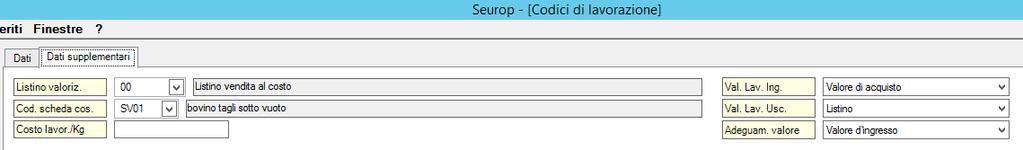 Codice di lavorazione (Lavorazioni \ archivi e tabelle) Ad ogni codice di lavorazione può essere associata una scheda costo nei dati supplementari.