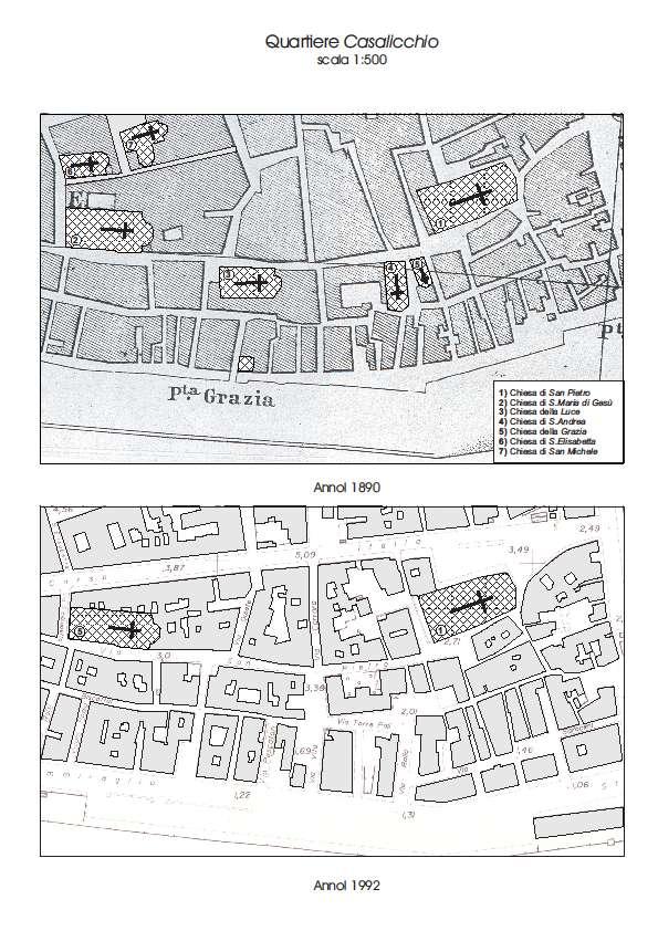 Confronto tra due planimetrie del Quartiere Casalicchio prima e dopo i bombardamenti della Seconda Guerra Mondiale. In alto sono ben evidenti le chiese esistenti nel 1800.