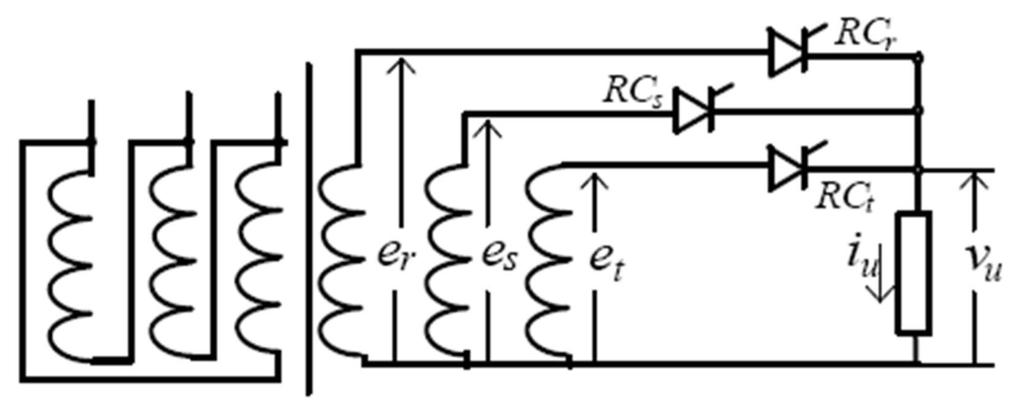 Lo schema di principio del convertitore trifase a semionda è costituito, oltre che da un trasformatore trifase con secondario