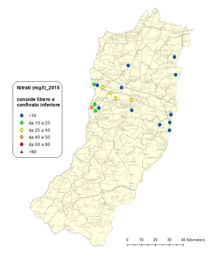 A B Figura 11: Concentrazione media di nitrati nei corpi idrici montani, libero e confinato superiore nel 2013 (A) e nel 2015 (B)