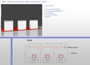 Tipologie Stand Soluzione DESK: Noleggio area (1,5 2), consumo elettrico di base, assicurazione obbligatoria.