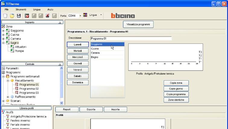 TITHERMO 20 5.2 Configurazione Programmi settimanali È possibile creare fino a tre programmi settimanali per ogni modo di funzionamento dell impianto (Riscaldamento e Raffrescamento).