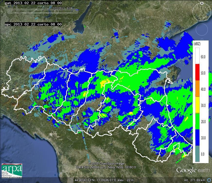 15 - Mappe di riflettività del 22/02/2013 alle 02:30 UTC (in alto a sinistra), alle 05:15 UTC (in alto a