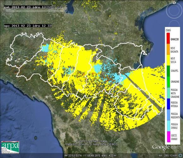 Il profilo verticale di riflettività generato il giorno 23/2 alle 12.