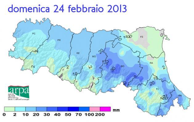 Il giorno 24/2, i picchi di precipitazione registrata dai pluviometri ai piedi dell Appennino bolognese sono da imputare probabilmente a tale effetto di scioglimento della neve, favorito dalla