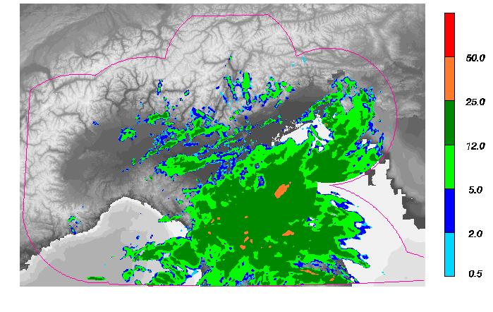 Fig. 5 Mosaico del CAPPI a 2000 m dei radar dell Italia settentrionale del 22/02/2013 18:30 UTC.