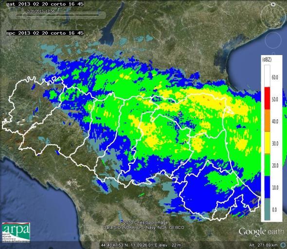 2. Analisi alla mesoscala centrata sull Emilia-Romagna e caratterizzazione microfisica I fenomeni iniziano nel pomeriggio del giorno 20/2, spinti da flussi nord-occidentali, con precipitazioni
