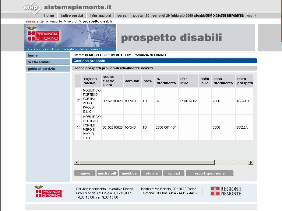 4.2 AMBITO PROVINCIALE E NAZIONALE Se è già stato compilato un prospetto per una sede questo viene evidenziato nella colonna stato prospetto.