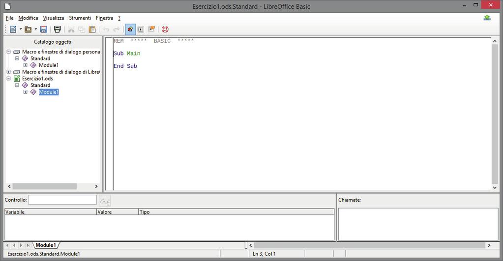 Automaticamente si apre l editor di Basic e viene creata la struttura di un sottoprogramma Main.