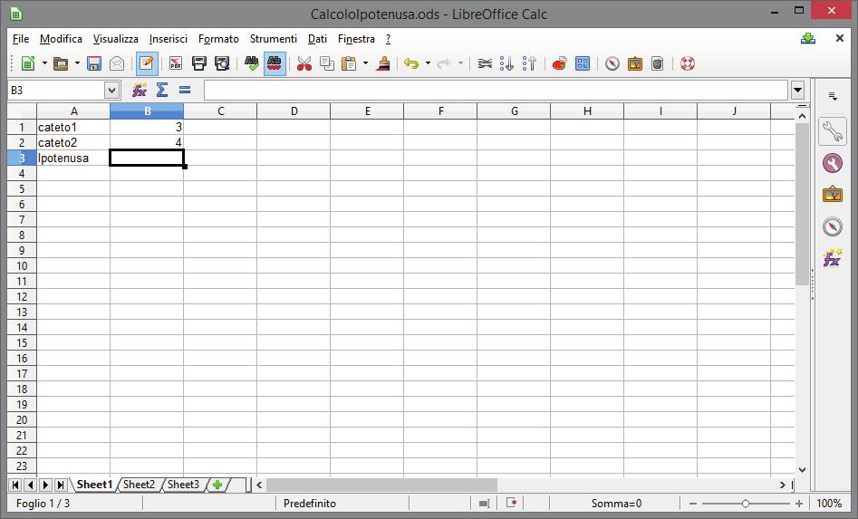 Definiamo la disposizione dei dati sul foglio elettronico CalcoloIpotenusa.ods.
