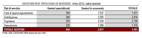 Gestione del servizio idrico Diminuzione dei gestori rispetto agli anni precedenti, per la concentrazione delle attività gestionali in gran parte dovuto all affidamento ai gestori del Servizio idrico