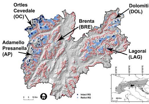 Il catasto dei rock glacier del Trentino Inventario dei RG trentini su una superficie di circa 6200 km2 rock glacier intatti rock glacier