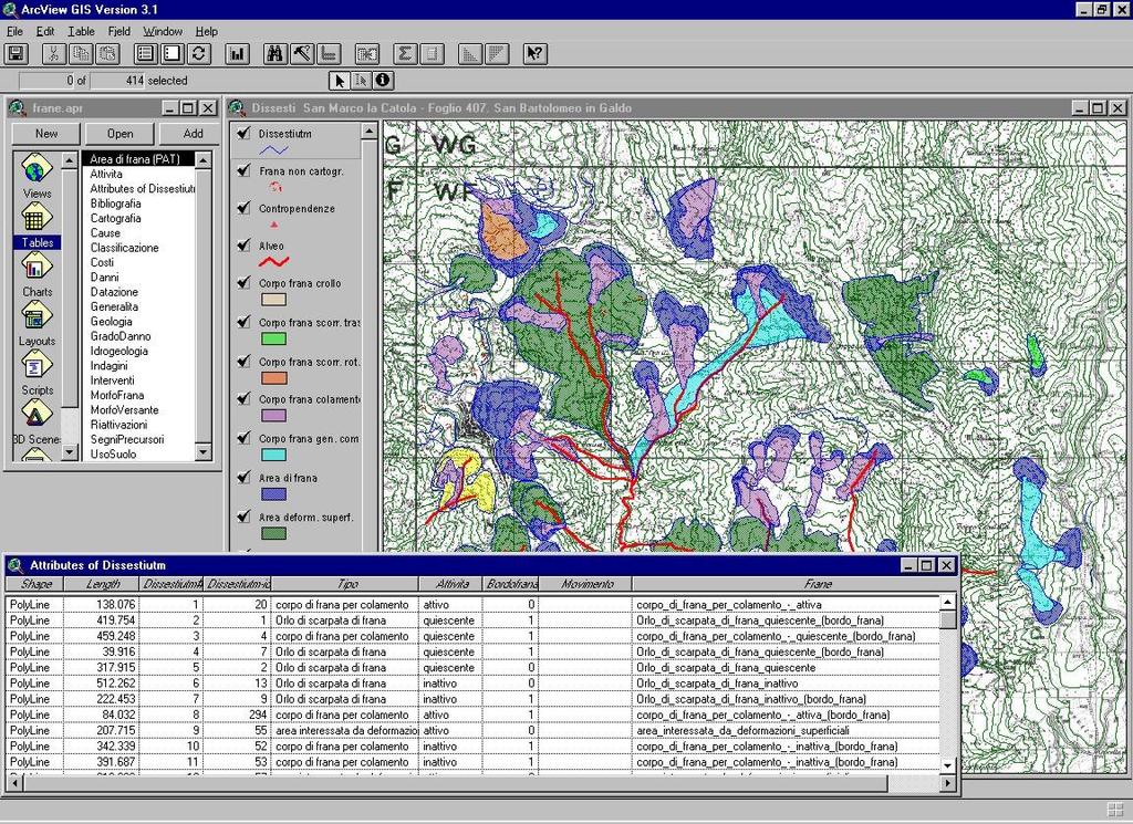 Dati Grafici (carta dei dissesti) L input dei dati cartografici è avvenuto mediante tavolo digitalizzatore ed onscreen Un sistema di