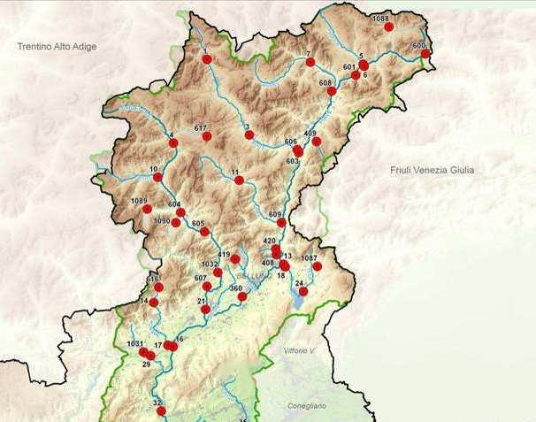 22 Si riporta di seguito la cartografia con l ubicazione dei punti di monitoraggio della rete ARPAV nei bacini del Piave