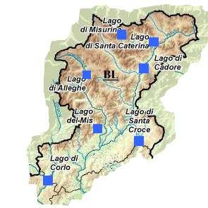 23 Per quanto riguarda i laghi il monitoraggio Veneto interessa 12 superfici lacustri, di cui 7 (Santa Croce, Mis, Corlo, Centro Cadore, Alleghe, Misurina, Santa Caterina) situati in provincia di