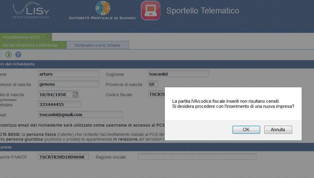 Pag. 6 di 9 Impresa che richiede solo l inserimento del codice fiscale della persona