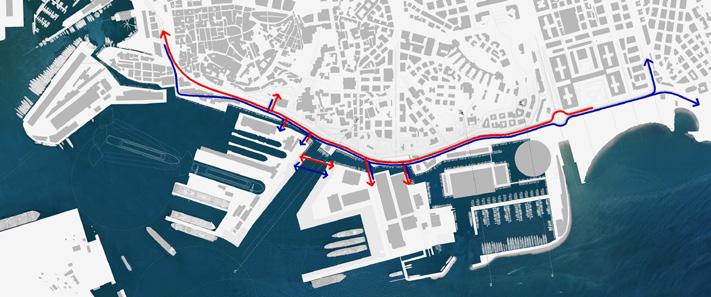 La mobilità Waterfront di Levante Compatibilità del Progetto con le infrastrutture esistenti La proposta prevede una nuova viabilità a raso tra l area del Mercato del Pesce e Piazzale Kennedy da