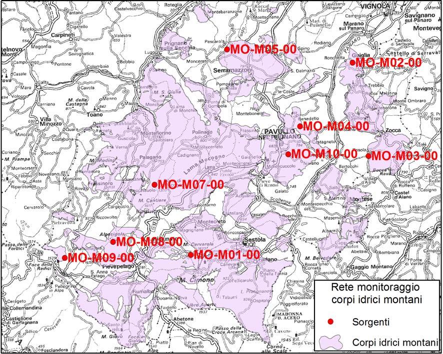 Di seguito si riporta la cartografia relativa alle acque sotterranee del territorio montano (sorgenti), afferente la rete di controllo gestita da Arpae Sezione di Modena (Figura 8).