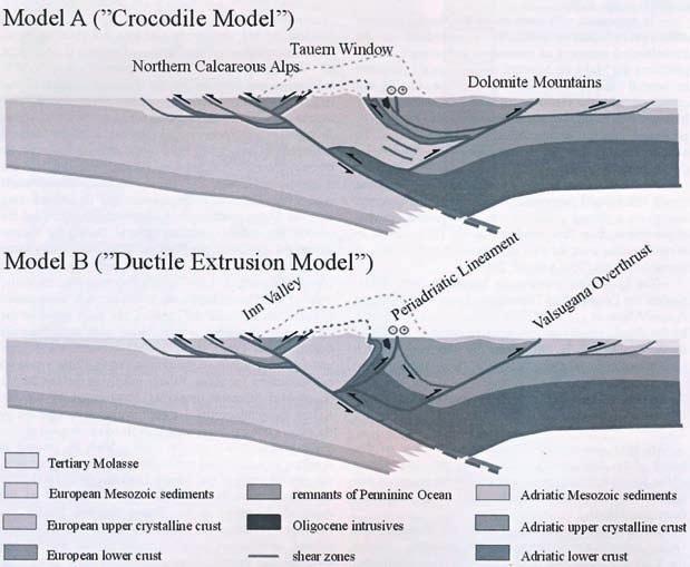 Fig. 13 I risultati del Profilo Transalp: i due più recenti modelli interpretativi della struttura delle Alpi orientali ottenuti dalle ricerche geologiche e geofisiche (da Transalp Working Group,