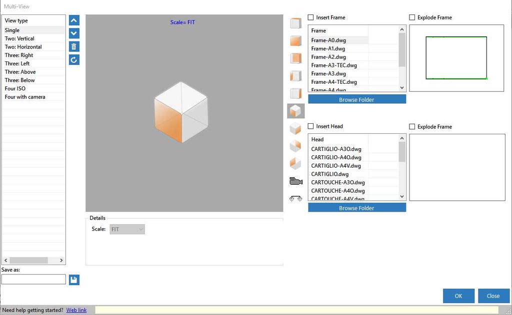 Spostatevi dallo spazio modello allo spazio carta A0 usando i fogli predefiniti che trovate sotto la toolpalette Cliccate sulla sezione Layout dalla