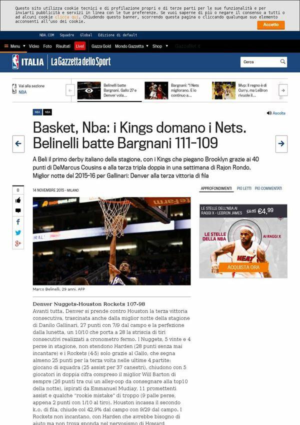 14 novembre 2015 gazzetta.it Basket, Nba: i Kings domano i Nets.
