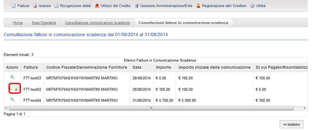 Figura 110-Rimozione delle righe dal Piano Comunicazioni Scadenze Prima della rimozione delle righe dal Piano, il sistema