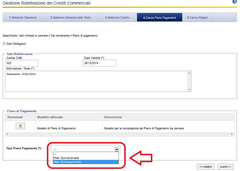 Tornando ad operare sul sistema PCC, prima di procede al caricamento del file salvato nel formato CSV, specificare la durata massima del Piano dei Pagamenti attraverso il menù a tendina che riporta