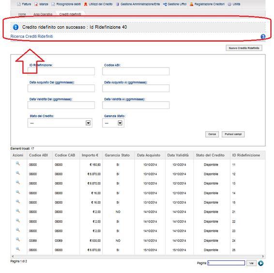 Il sistema ritorna sulla schermata di Ricerca dei Crediti Ridefiniti (vedi Figura 36).