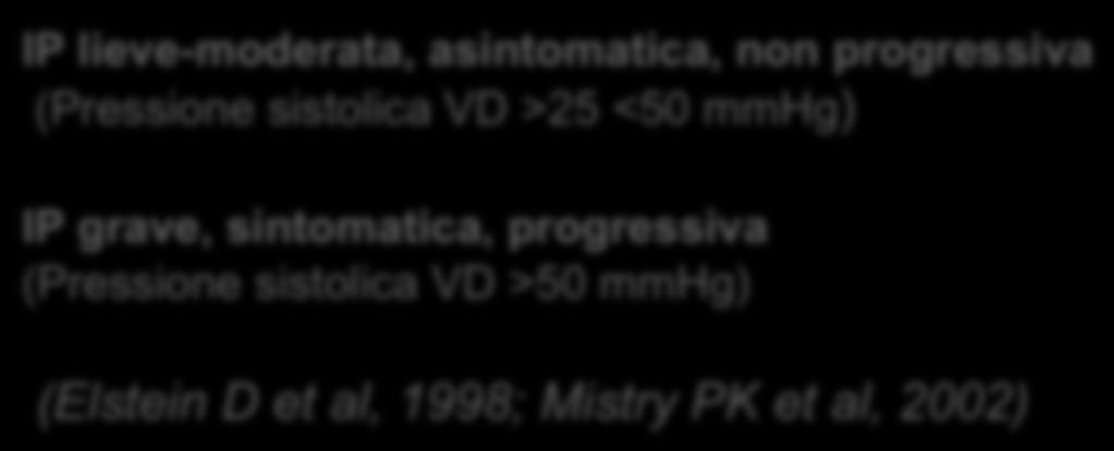 IPERTENSIONE POLMONARE (IP) IP lieve-moderata, asintomatica, non progressiva (Pressione sistolica VD >25 <50 mmhg) IP grave,