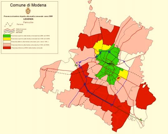 Insediamento e mobilità della popolazione immigrata nel comune di Modena: la presenza straniera rispetto alla media comunale