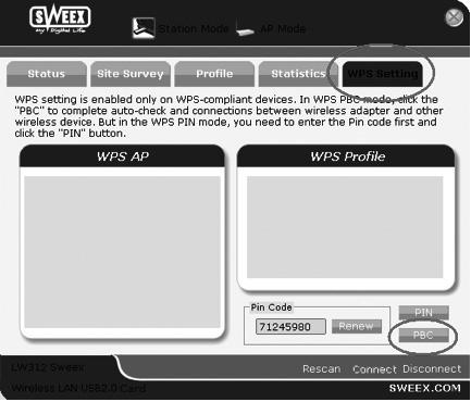 Fate clic con il tasto destro sull'icona Utilità Sweex Wireless e selezionate Apri Utilità. Selezionate il menu Impostazione WPS e cliccate sul tasto PCB.