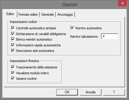Nella finestra di Visual Basic è disponibile un opzione che consente di includere automaticamente l istruzione Option Explicit: dal menu Strumenti, scegliere Opzioni e nella scheda Editor mettere il