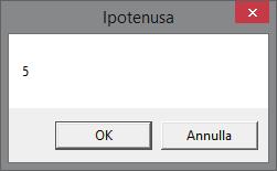 Private Sub CommandButton1_Click() ' dichiarazione delle variabili Dim c1, c2, ipot As Single ' acquisizione delle misure dei cateti c1 = InputBox("Primo cateto", "Inserimento dati") c2 =