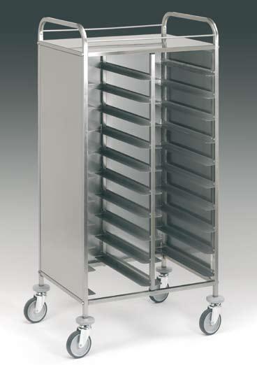 Carrelli portavassoi pannellati in acciaio inox su tre lati, supporto vassoio cm. 53 per vassoi GN dim. cm. 53x32,5 per vassoi EN dim. cm. 53x37 Struttura in tubo di acciaio inox AISI 304 18/10 sezione cm.