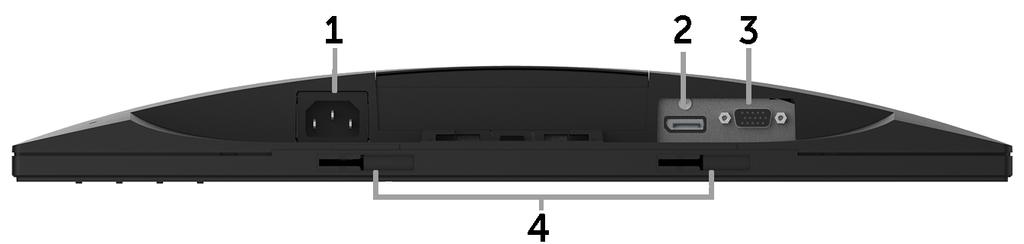 Veduta inferiore Etichetta Descrizione Uso 1 Connettore di alimentazione CA 2 Connettore DisplayPort Per collegare il cavo di alimentazione del monitor.