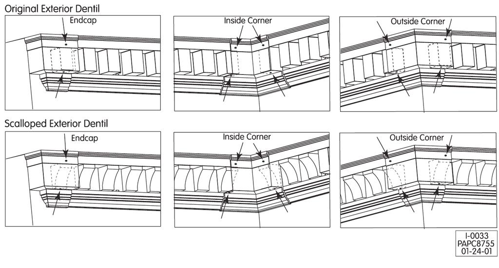 Angolari del cornicione dentellato per esterno Istruzioni per l installazione Contenuto del pacchetto terminali: 1 terminale (sinistro) 1 terminale (destro) 4 rivetti Contenuto del pacchetto angolare