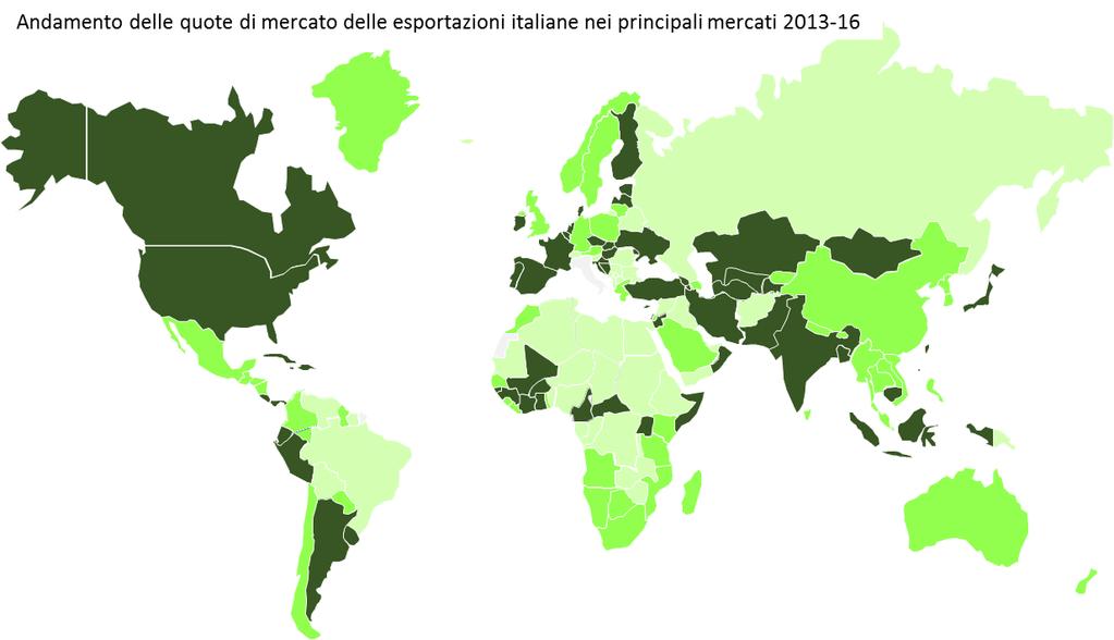 Quote di mercato: dove cresciamo e dove arretriamo Legenda mercati con quota in crescita mercati con