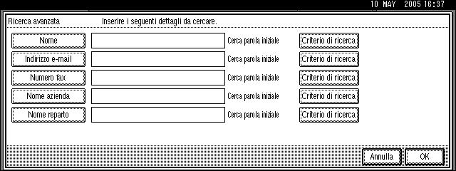 [Nome azienda] o [Nome reparto]. Se si seleziona un criterio di ricerca, viene visualizzata una tastiera a sfioramento.