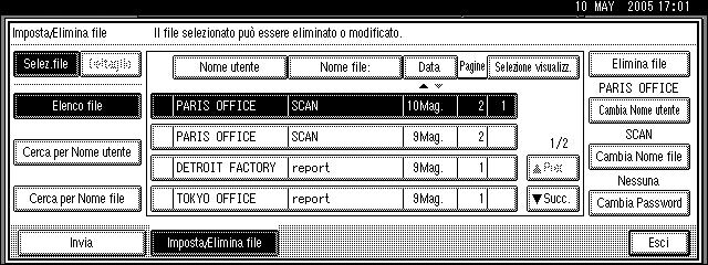 Memorizzazione dei file utilizzando la funzione scanner Visualizzazione di un elenco di file memorizzati In questa sezione viene descritto come utilizzare l elenco dei file memorizzati.