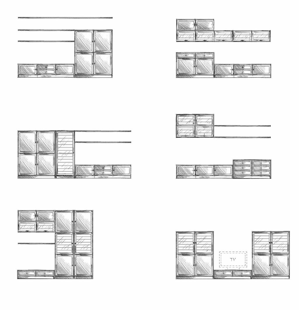 ESEMPI DI COMPONIBILITÀ / EXAMPLE OF COMPOSITION COMPOSIZIONE 6118 Parete componibile. Modular wall. cm. L. 317 - P. 54 - H. 200 COMPOSIZIONE 6119 Parete componibile. Modular wall. cm. L. 317 - P. 54 - H. 200 COMPOSIZIONE 6124 Libreria componibile.